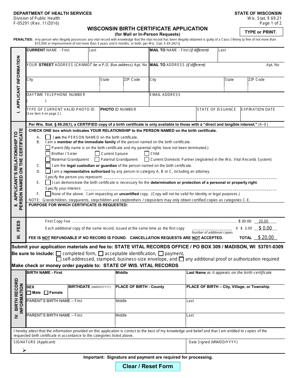 Form F-05291 Wisconsin Birth Certificate Application (For Mail or in-Person Requests) - Wisconsin, Page 1