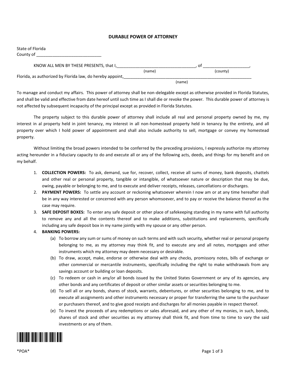 Florida Durable Power of Attorney Template Fill Out Sign Online and