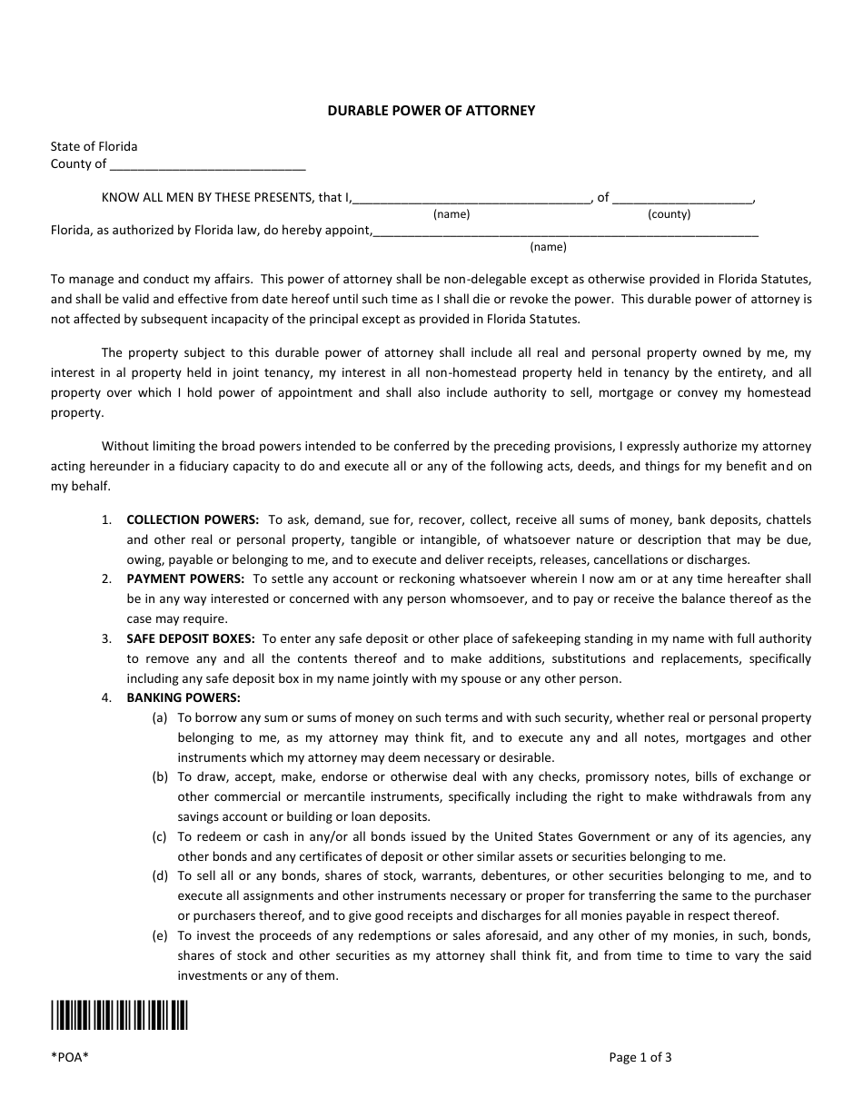 Durable Power of Attorney Template - Florida, Page 1