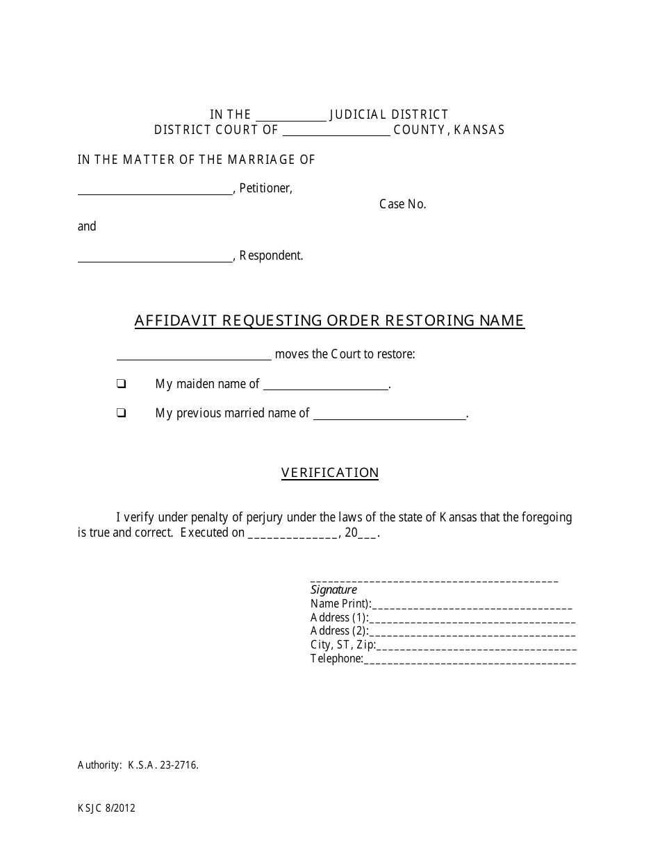 Affidavit Requesting Order Restoring Name - Kansas, Page 1