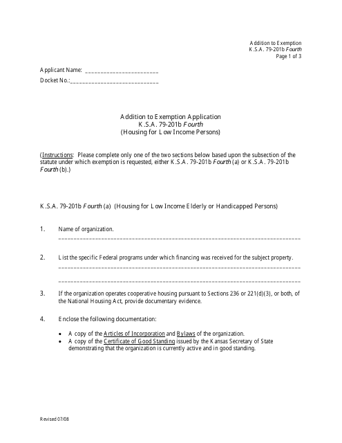Addition to Exemption Application (Housing for Low Income Persons) - Kansas Download Pdf