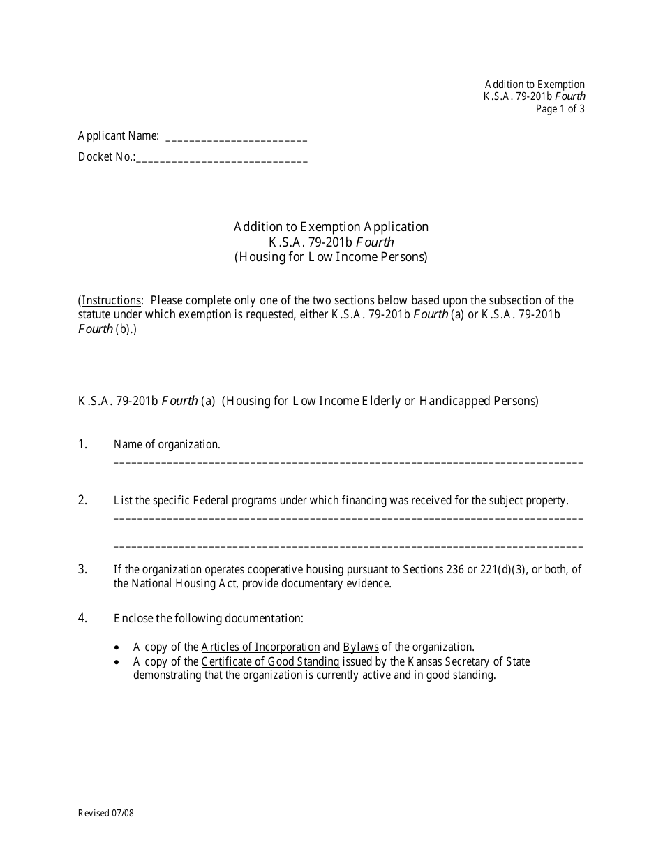 Addition to Exemption Application (Housing for Low Income Persons) - Kansas, Page 1