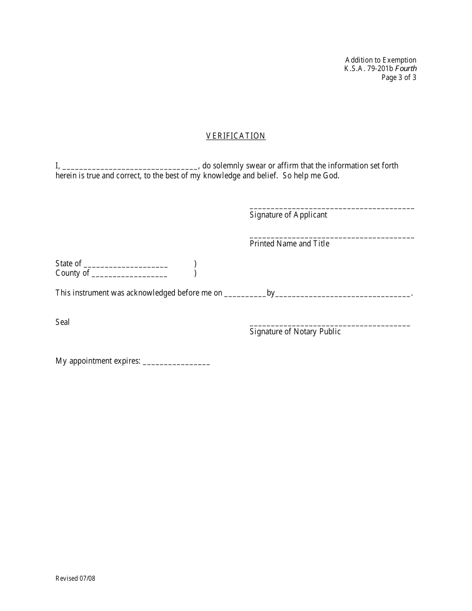Kansas Addition to Exemption Application (Housing for Low Persons) Fill Out, Sign