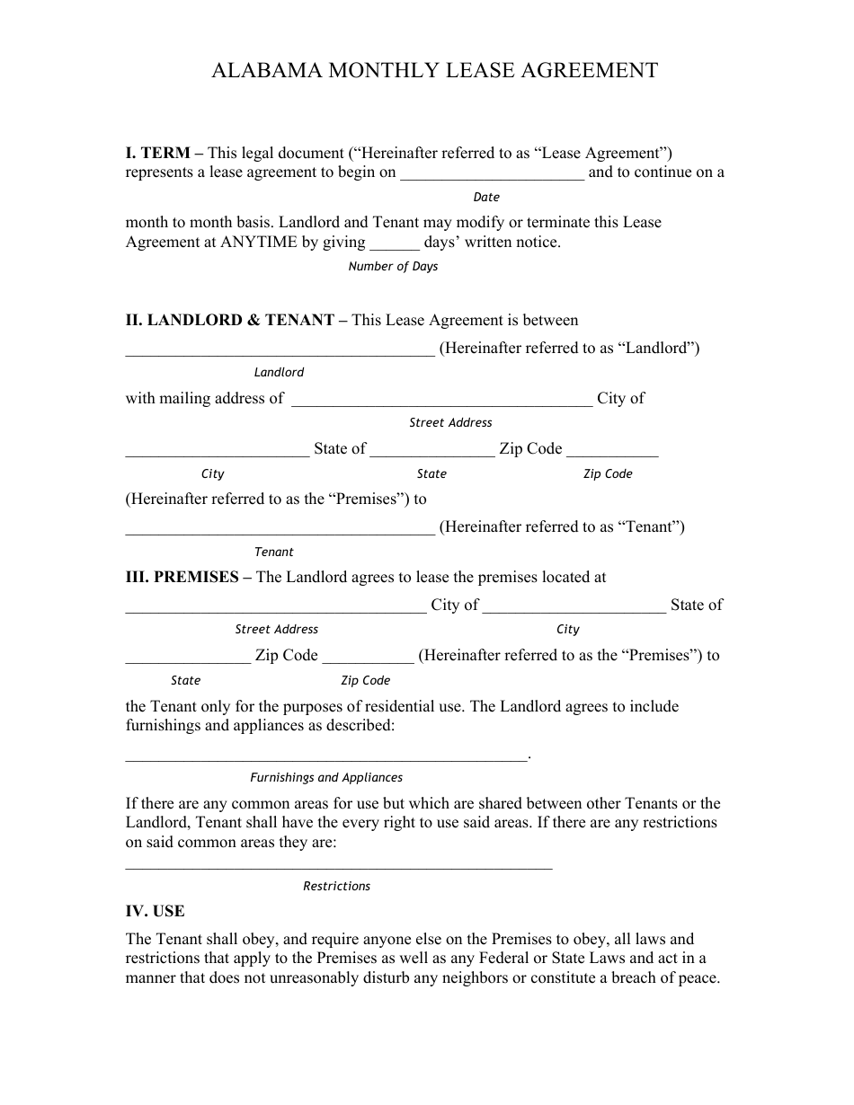 Monthly Lease Agreement Template - Alabama, Page 1