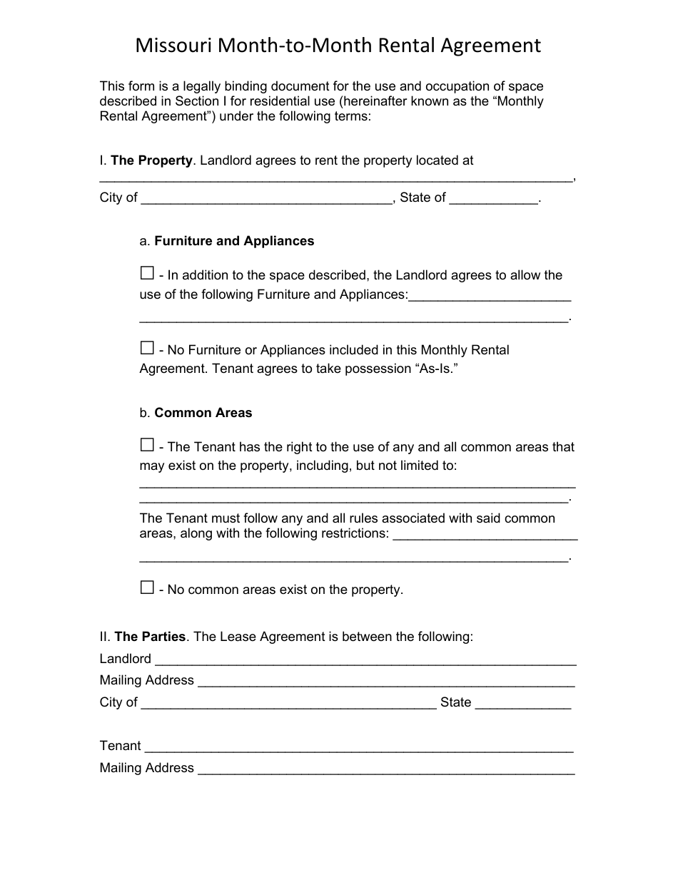 Month-To-Month Rental Agreement Template - Missouri, Page 1
