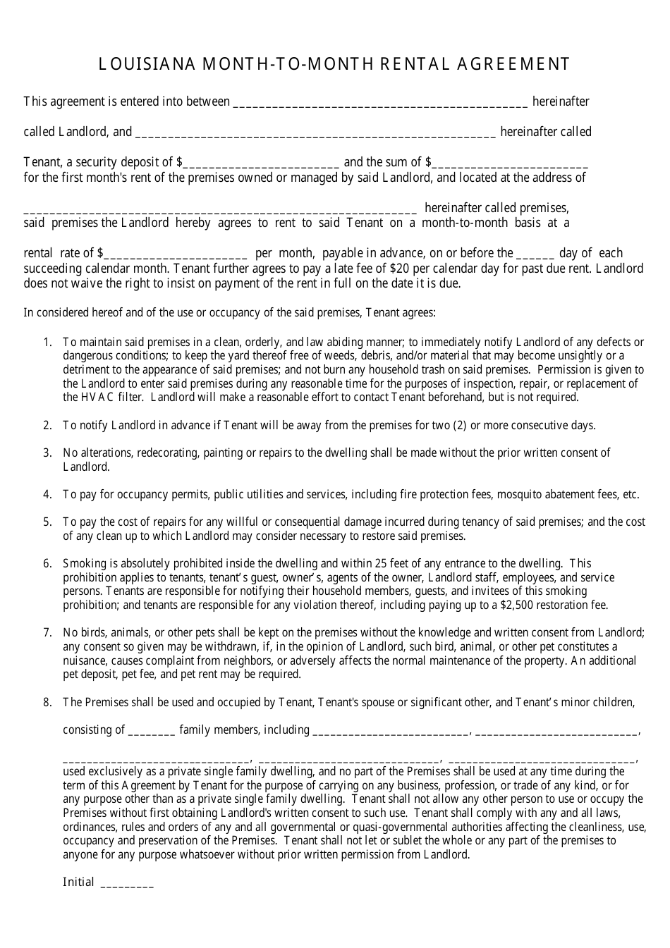 Month-To-Month Rental Agreement Template - Louisiana, Page 1
