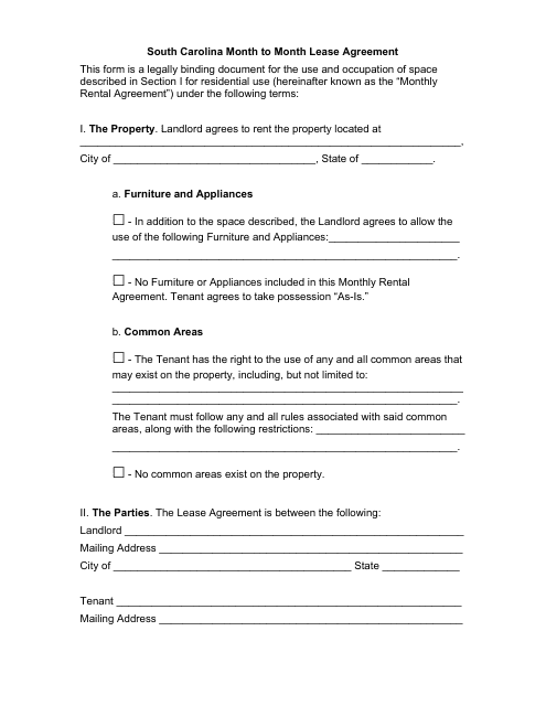 Month-To-Month Lease Agreement Template - South Carolina Download Pdf