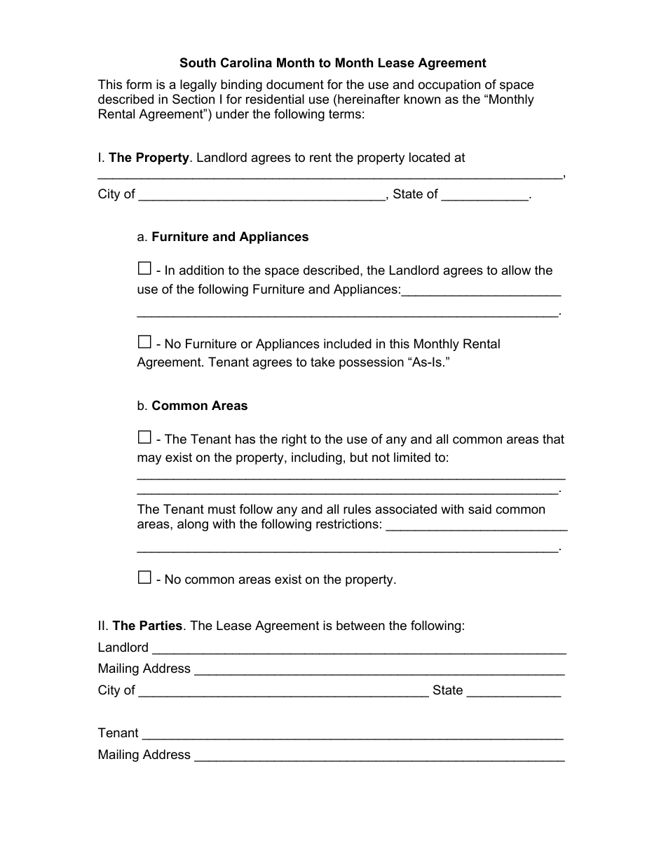 Month-To-Month Lease Agreement Template - South Carolina, Page 1