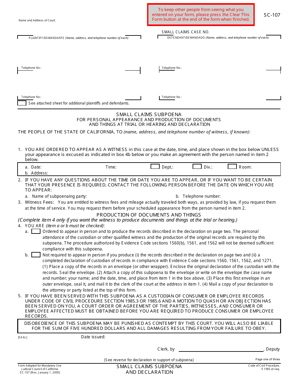 Form SC-107 Small Claims Subpoena for Personal Appearance and Production of Documents at Trial or Hearing and Declaration - California, Page 1