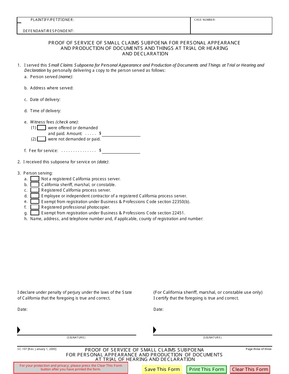 Form SC-107 Small Claims Subpoena for Personal Appearance and Production of Documents at Trial or Hearing and Declaration - California, Page 3