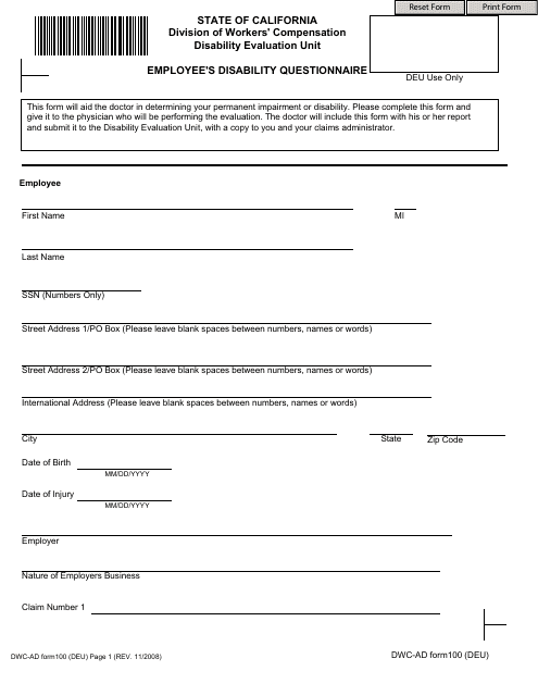 Form DWC-AD100 Employee's Disability Questionnaire - California