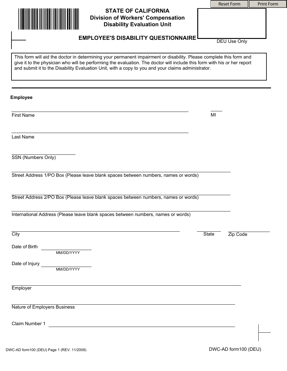 Form DWC-AD100 Employees Disability Questionnaire - California, Page 1