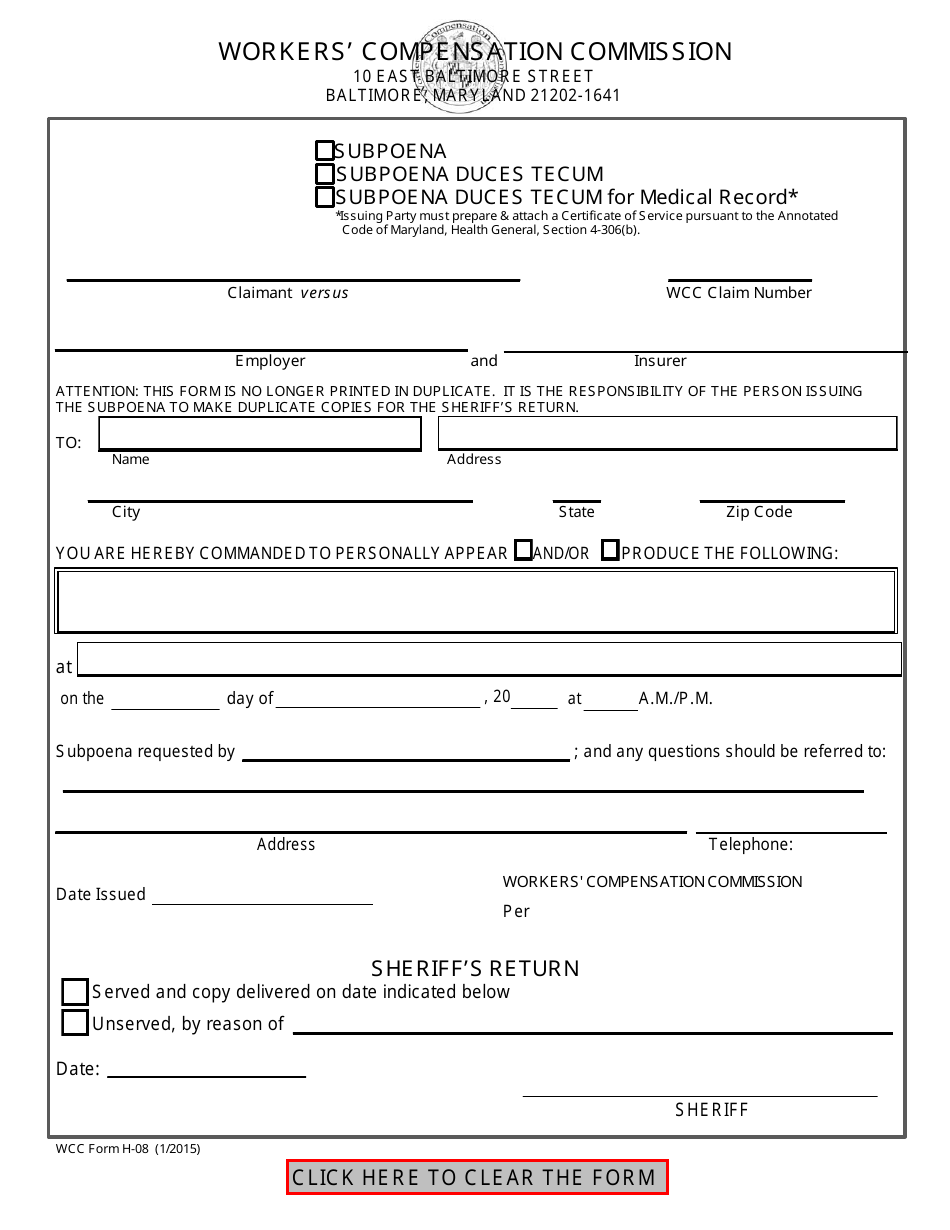 WCC Form H-08 Subpoena / Subpoena Duces Tecum - Maryland, Page 1