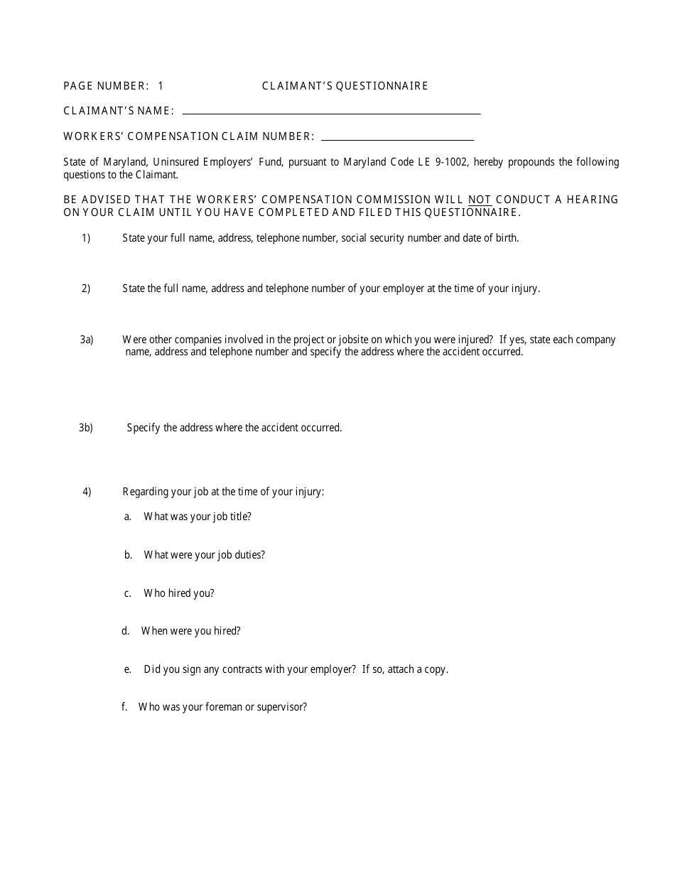 WCC Form H-37 Claimants Questionnaire - Maryland, Page 1
