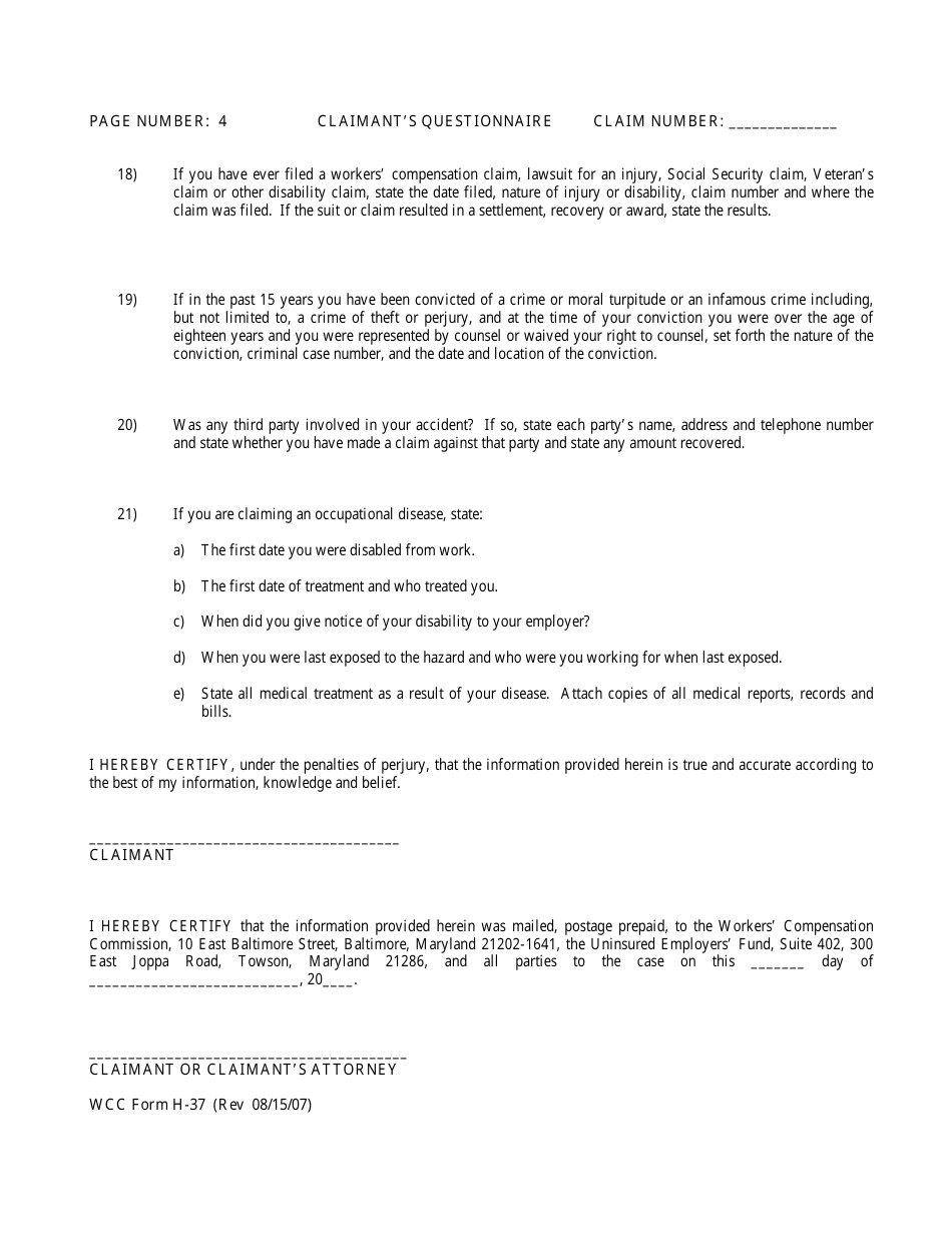 WCC Form H-37 Claimants Questionnaire - Maryland, Page 4