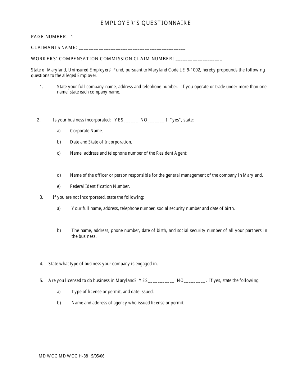 WCC Form H-38 Employers Questionnaire - Maryland, Page 1