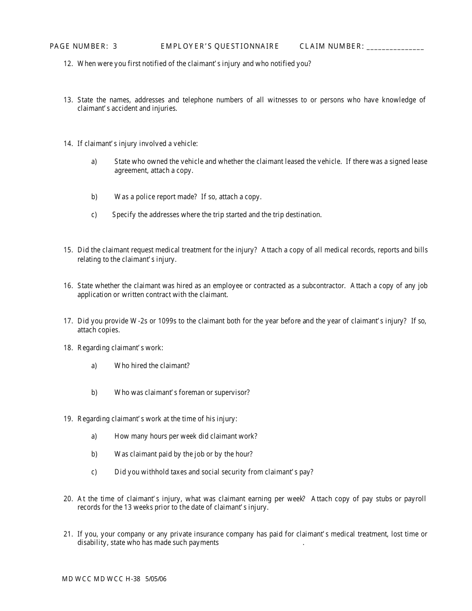 WCC Form H-38 Employers Questionnaire - Maryland, Page 3