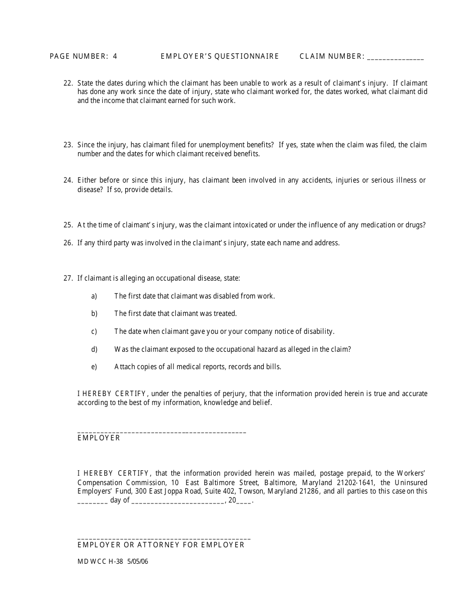 WCC Form H-38 Employers Questionnaire - Maryland, Page 4
