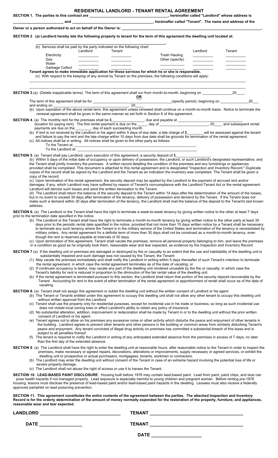 Tenant Rental Agreement Template - Residential Landlord, Page 1