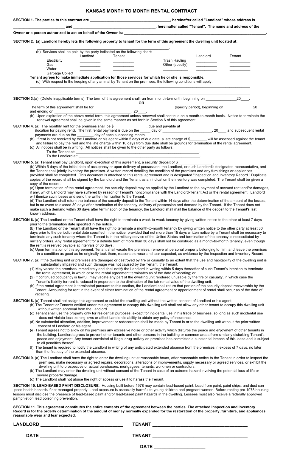 Month to Month Rental Contract Template - Kansas, Page 1