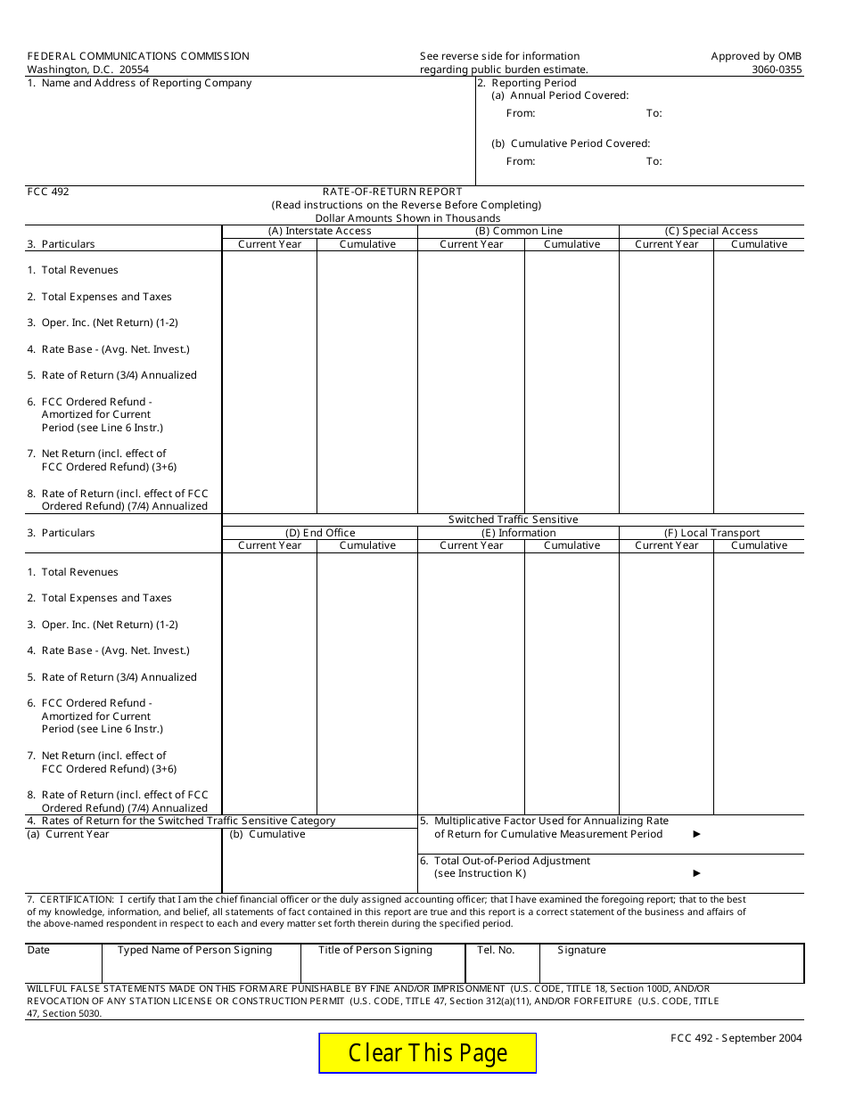 FCC Form 492 Rate of Return Report, Page 1