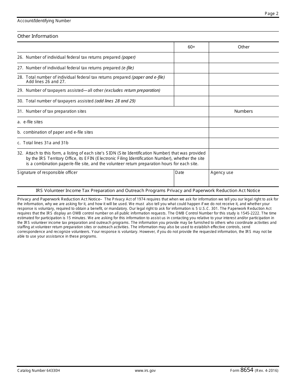 IRS Form 8654 Tax Counseling for the Elderly Semi-annual / Annual Program Report, Page 2