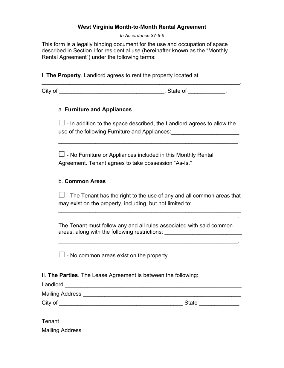 Month-To-Month Rental Agreement Template - With Notary Acknowledgment - West Virginia, Page 1