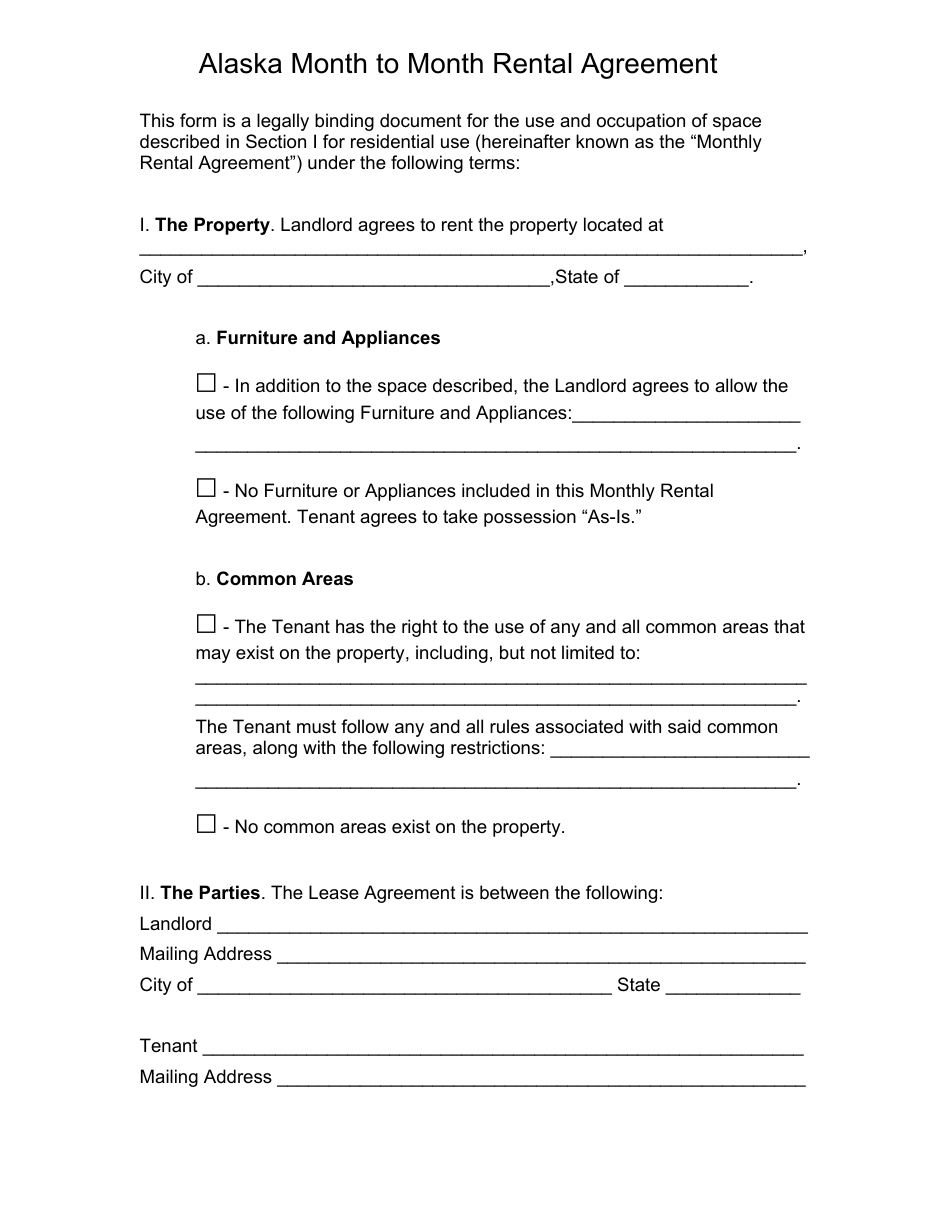 Month-To-Month Rental Agreement Template - Alaska, Page 1