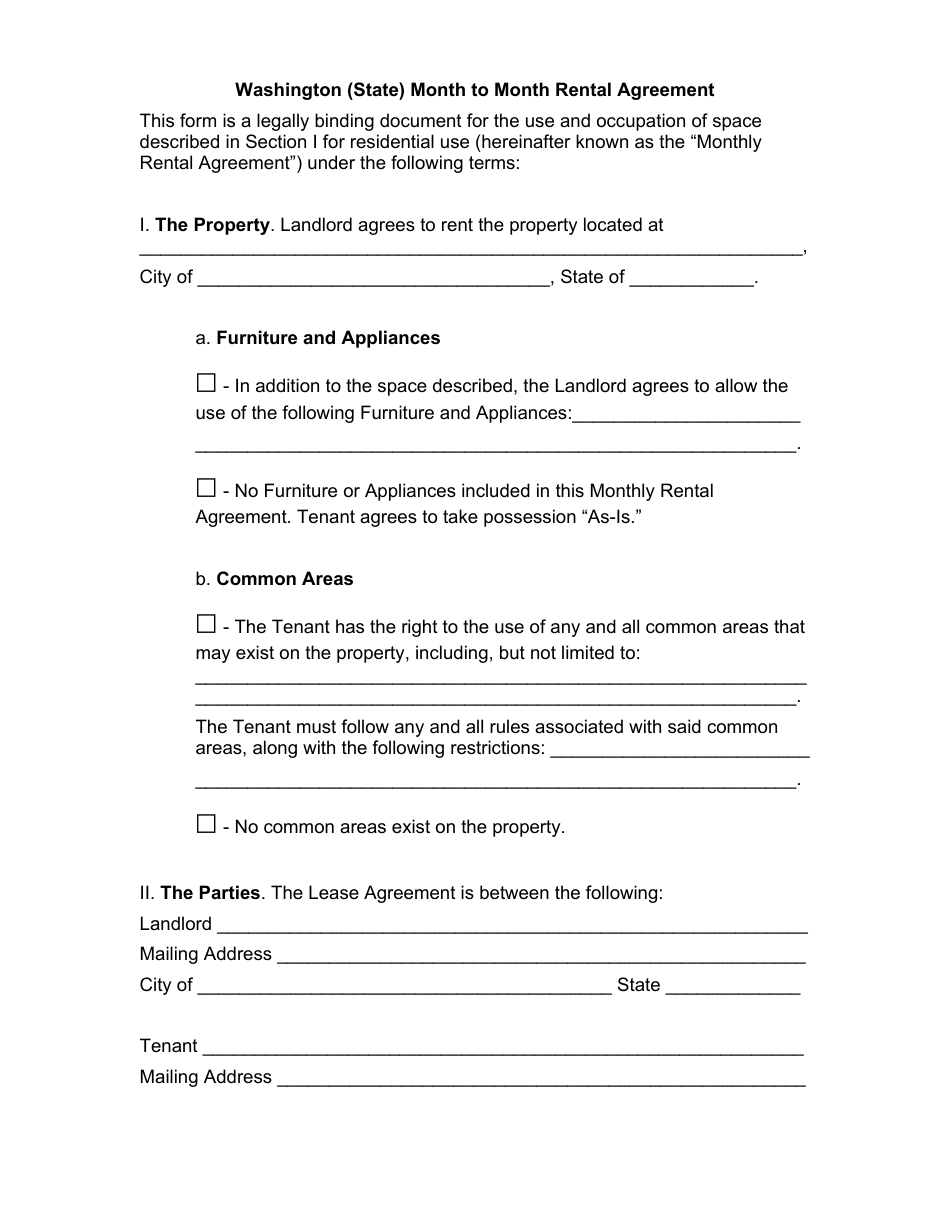 Month-To-Month Rental Agreement Template - Washington, Page 1