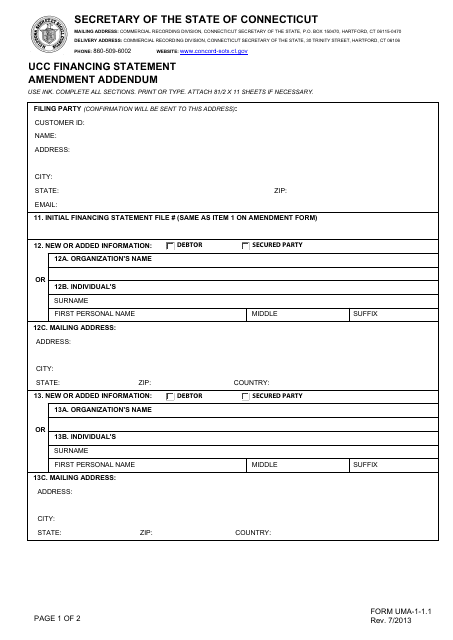 Form UMA-1-1.1 Ucc Financing Statement Amendment Addendum - Connecticut