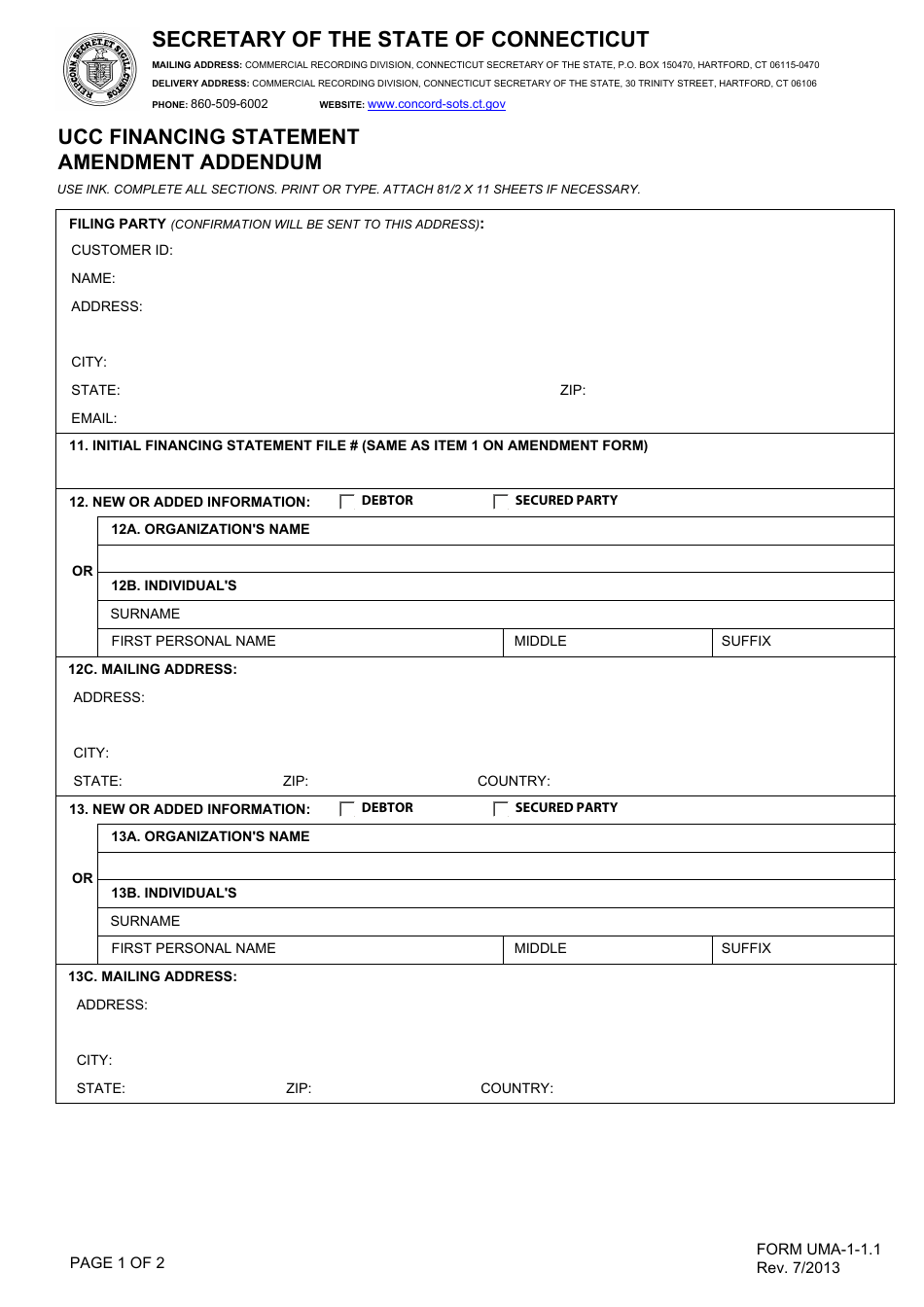 Form UMA-1-1.1 Ucc Financing Statement Amendment Addendum - Connecticut, Page 1