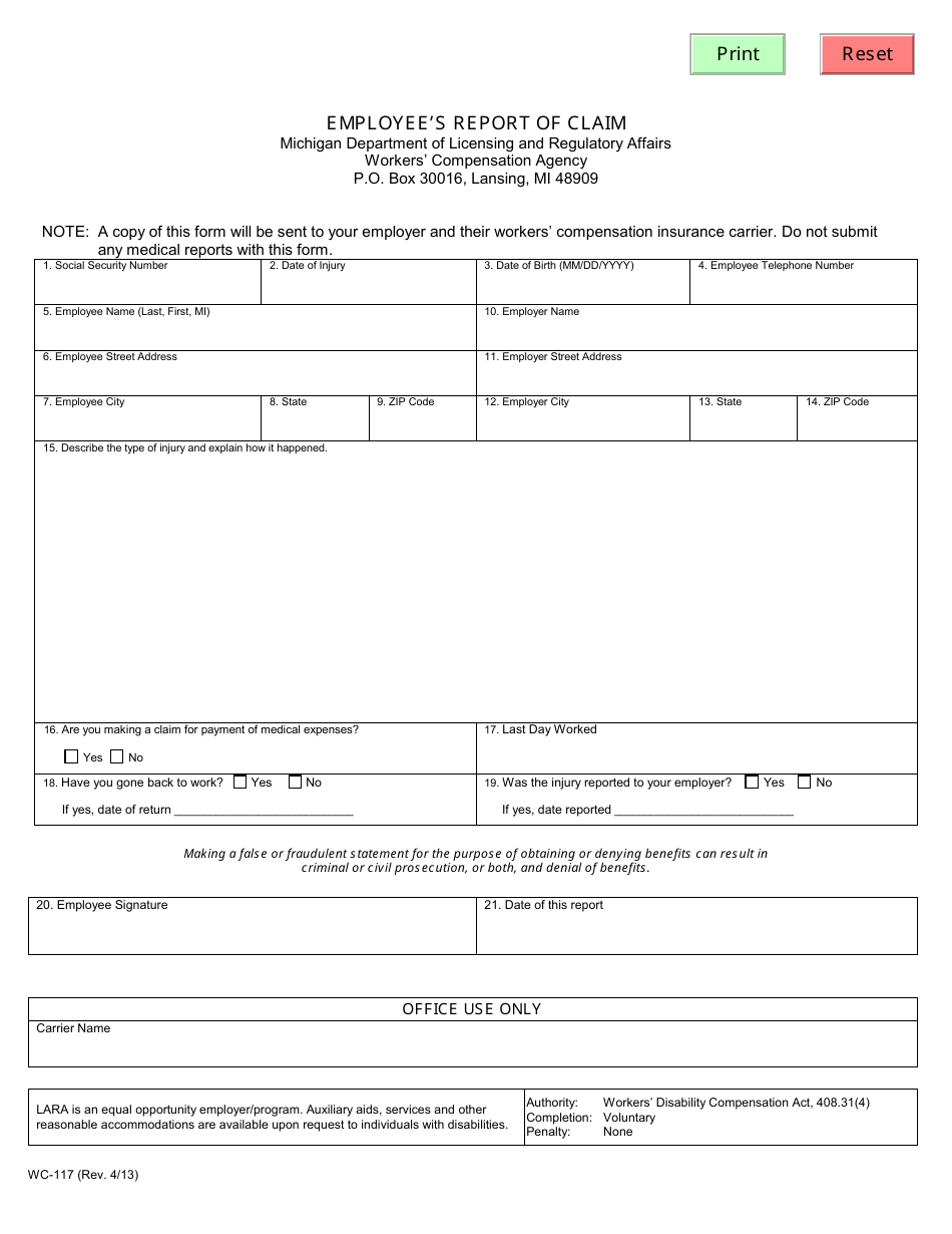 Form WC-117 Employees Report of Claim - Michigan, Page 1