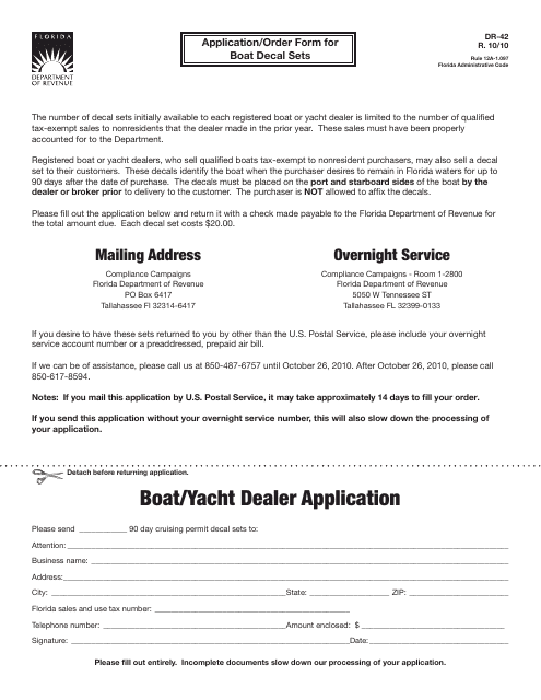 Form DR-42 Application/Order Form for Boat Decal Sets - Florida