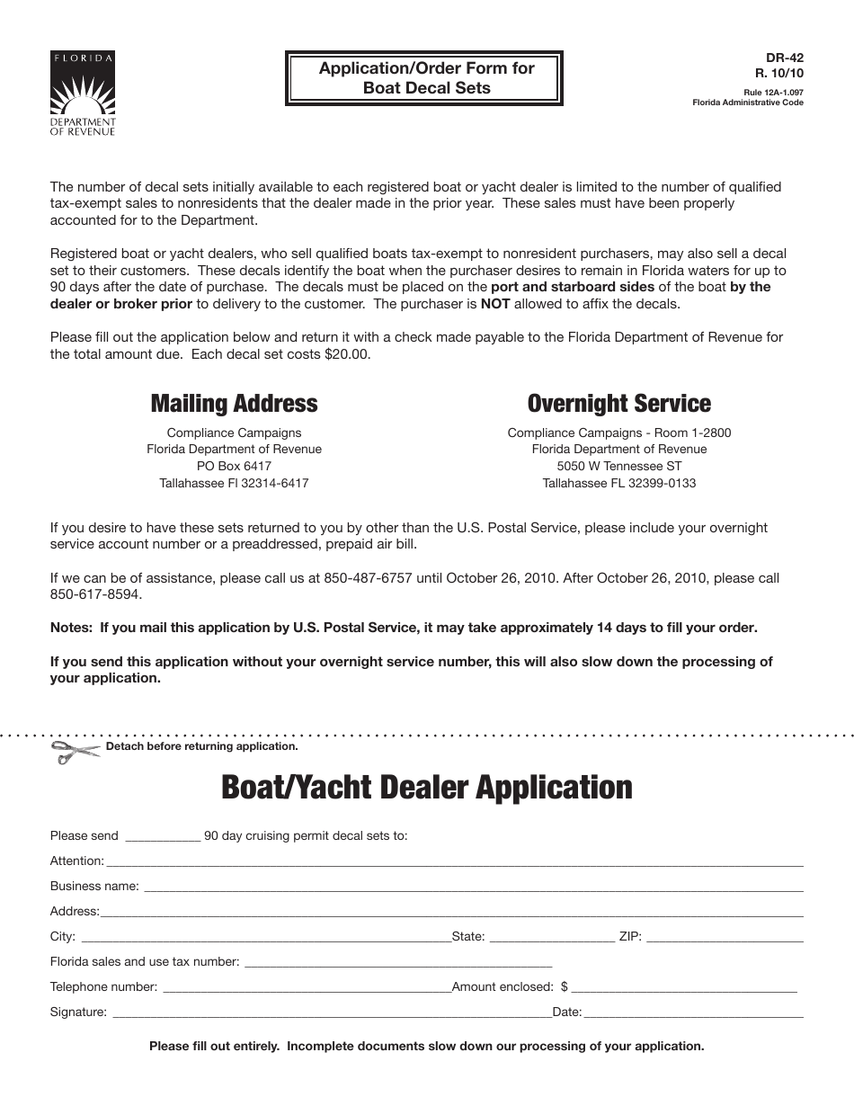 Form DR-42 Application / Order Form for Boat Decal Sets - Florida, Page 1