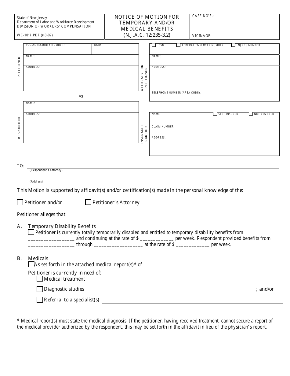 Form WC-101I Notice of Motion for Temporary and / or Medical Benefits - New Jersey, Page 1