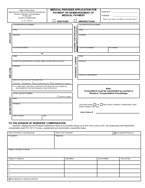 Form WC-381 Medical Provider Application for Payment or Reimbursement of Medical Payment - New Jersey