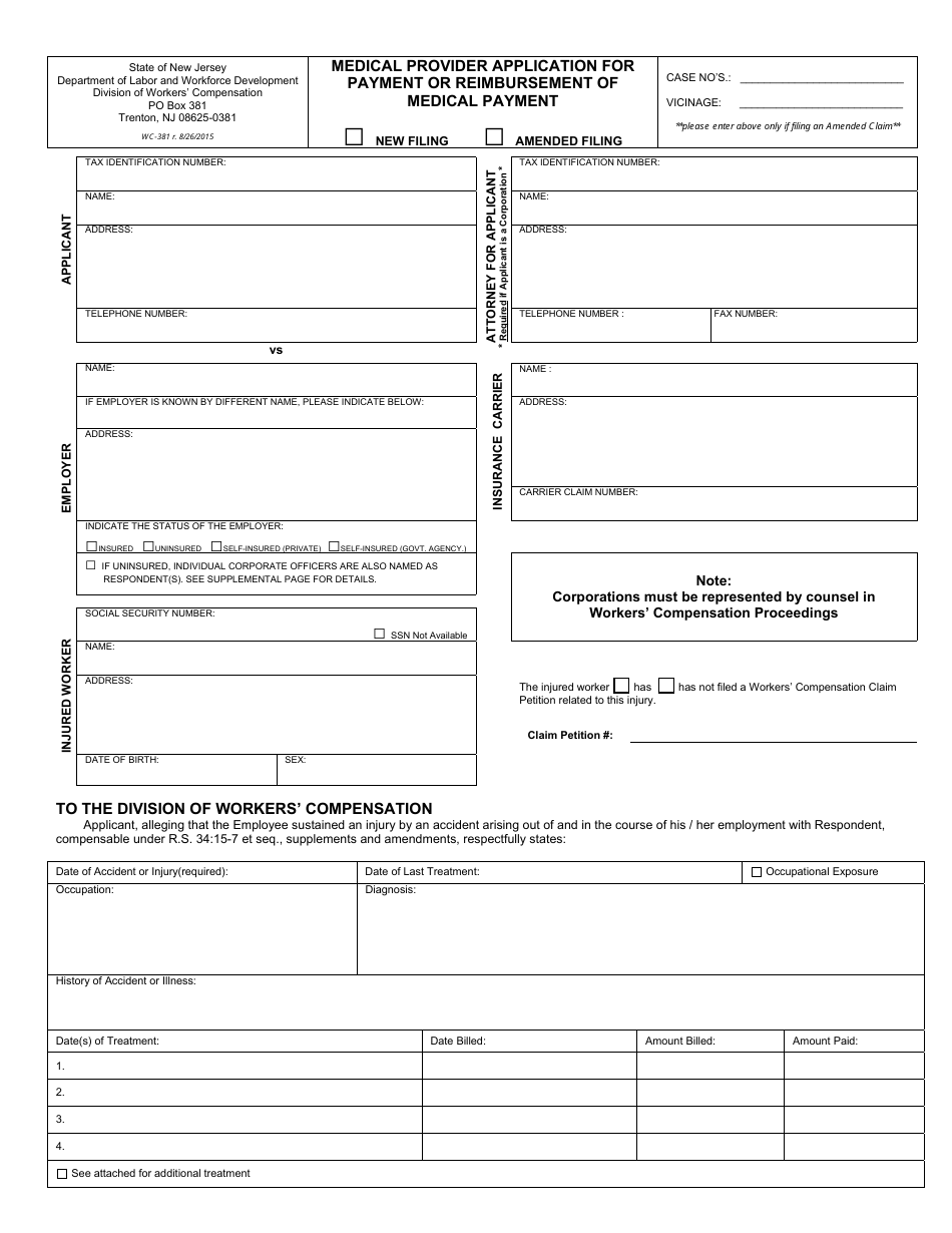 Form WC-381 Medical Provider Application for Payment or Reimbursement of Medical Payment - New Jersey, Page 1