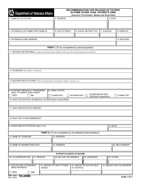 VA Form 10-2406 Recommendation for Release of Patient in Home Other Than Patient's Own