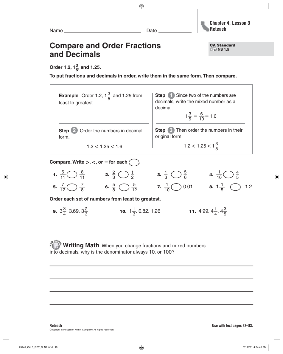 compare and order fractions and decimals worksheet chapter 4 lesson 3 reteach download printable pdf templateroller