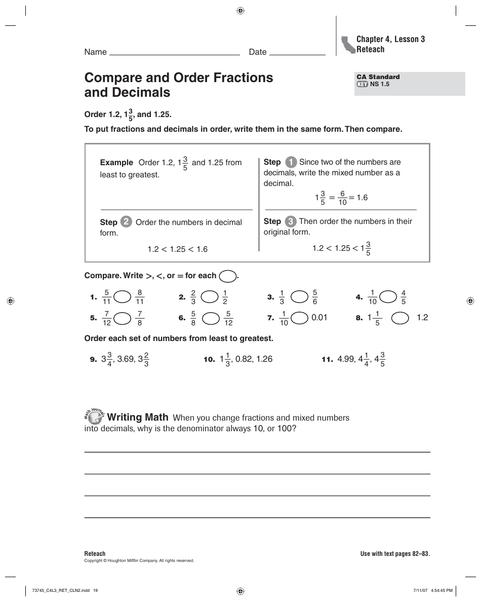 Compare and Order Fractions and Decimals Worksheet - Chapter 4, Lesson 3 Reteach