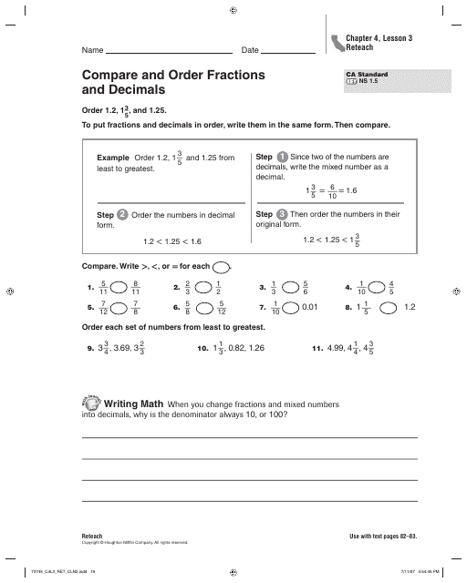 compare and order fractions and decimals worksheet chapter compare and order fractions and decimals worksheet chapter lesson reteach download pdf
