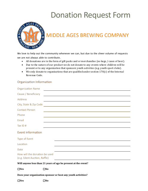 &quot;Donation Request Form - Middle Ages Brewing Company&quot; Download Pdf