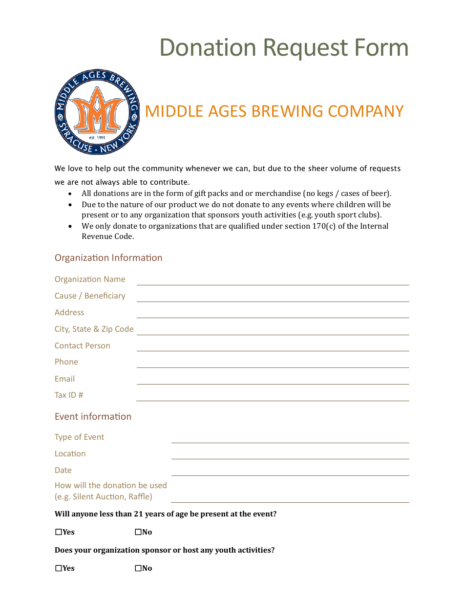 Donation Request Form - Middle Ages Brewing Company, Page 1