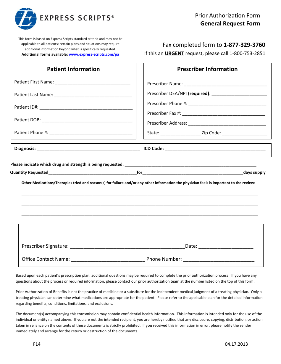 Form F14 Prior Authorization Form - General Request Form - Express Scripts, Page 1
