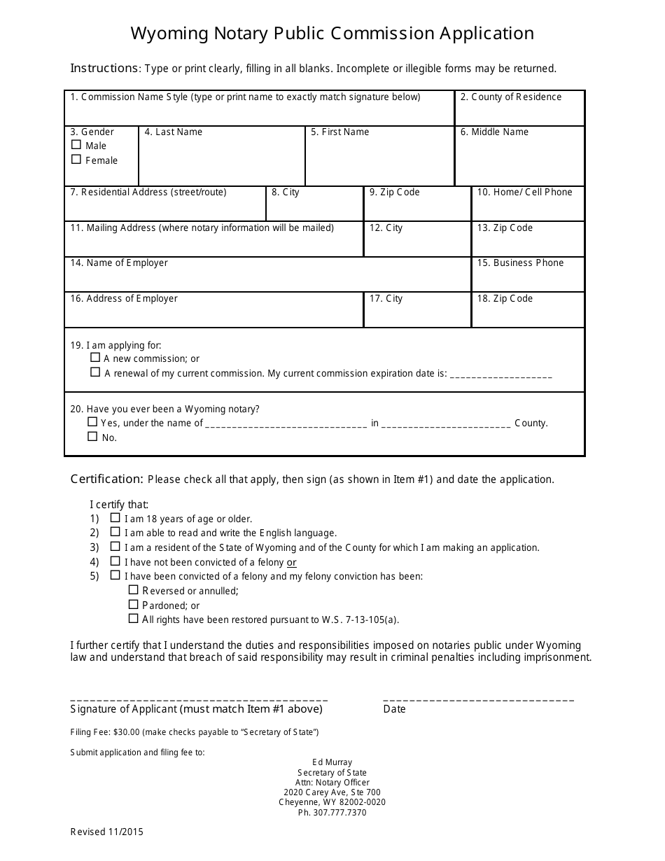 Wyoming Notary Public Commission Application Form - Wyoming, Page 1