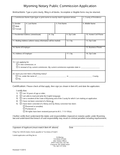 Wyoming Notary Public Commission Application Form - Wyoming