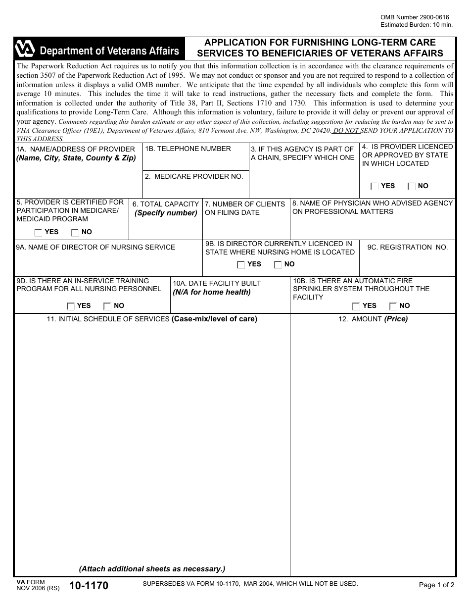 VA Form 10-1170 Application for Furnishing Nursing Home Care to Beneficiaries of Veteran Affairs, Page 1