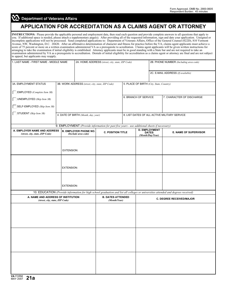 VA Form 21a Application for Accreditation as a Claims Agent or Attorney, Page 1