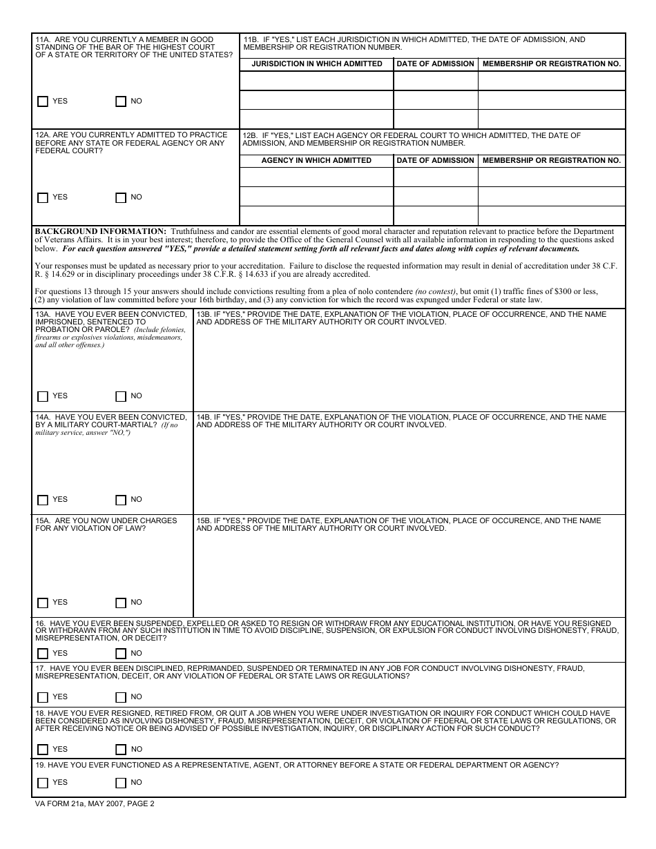 VA Form 21a Application for Accreditation as a Claims Agent or Attorney, Page 2