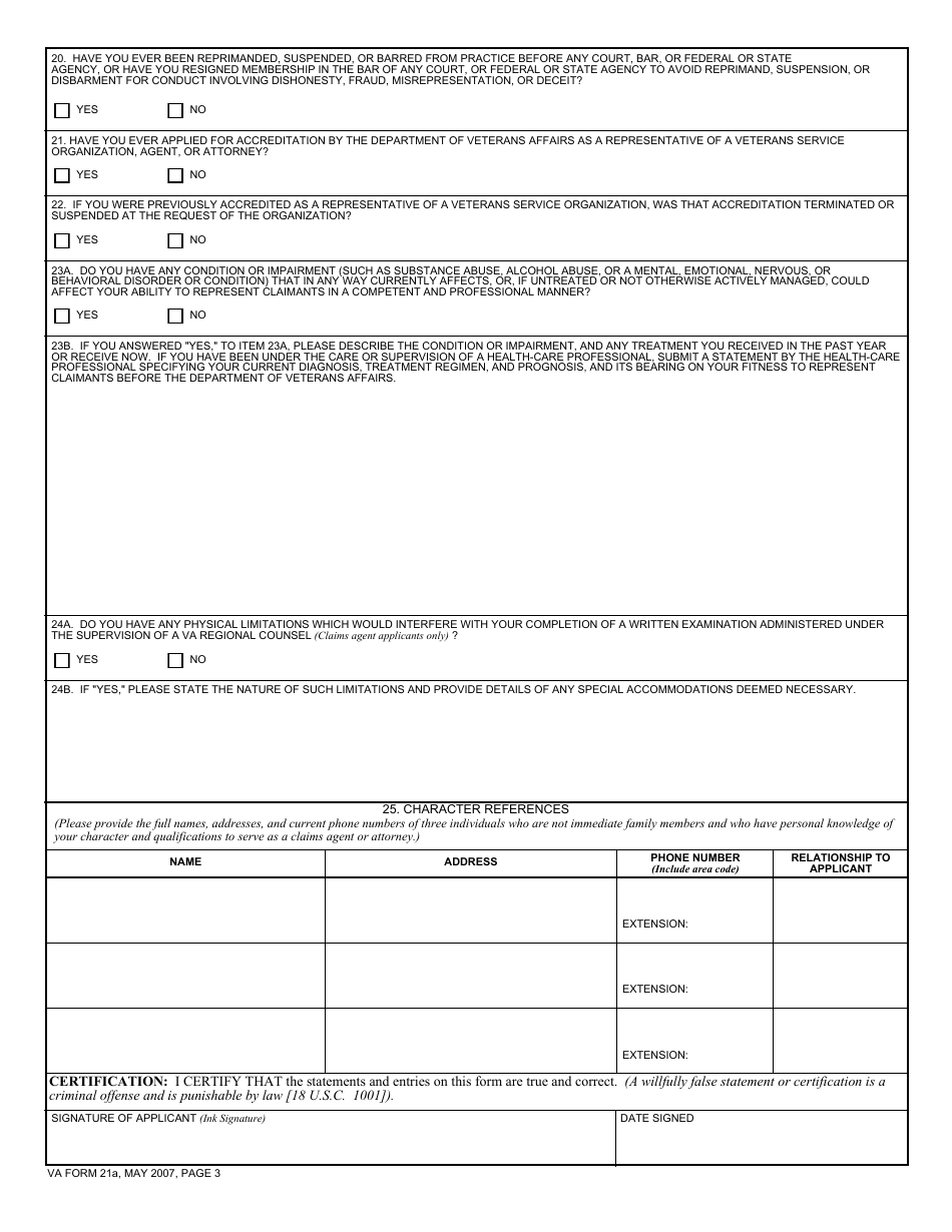 VA Form 21a Application for Accreditation as a Claims Agent or Attorney, Page 3